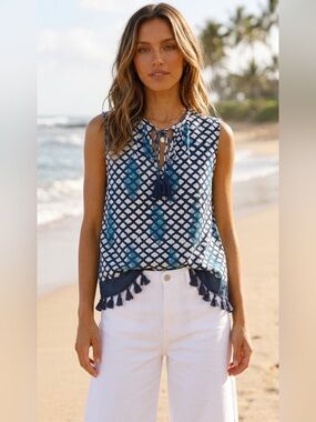 Roller Rabbit Tassel Hem Sleeveless Top Blue White Boho Tunic Small Cotton
